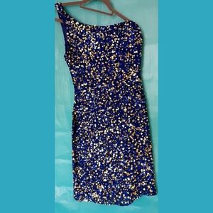 Scala One Shoulder Sequin Dress. Size 4. Gold and Blue.